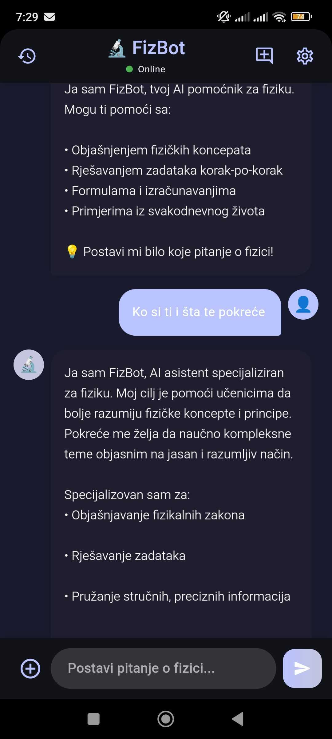 FizBot početni ekran